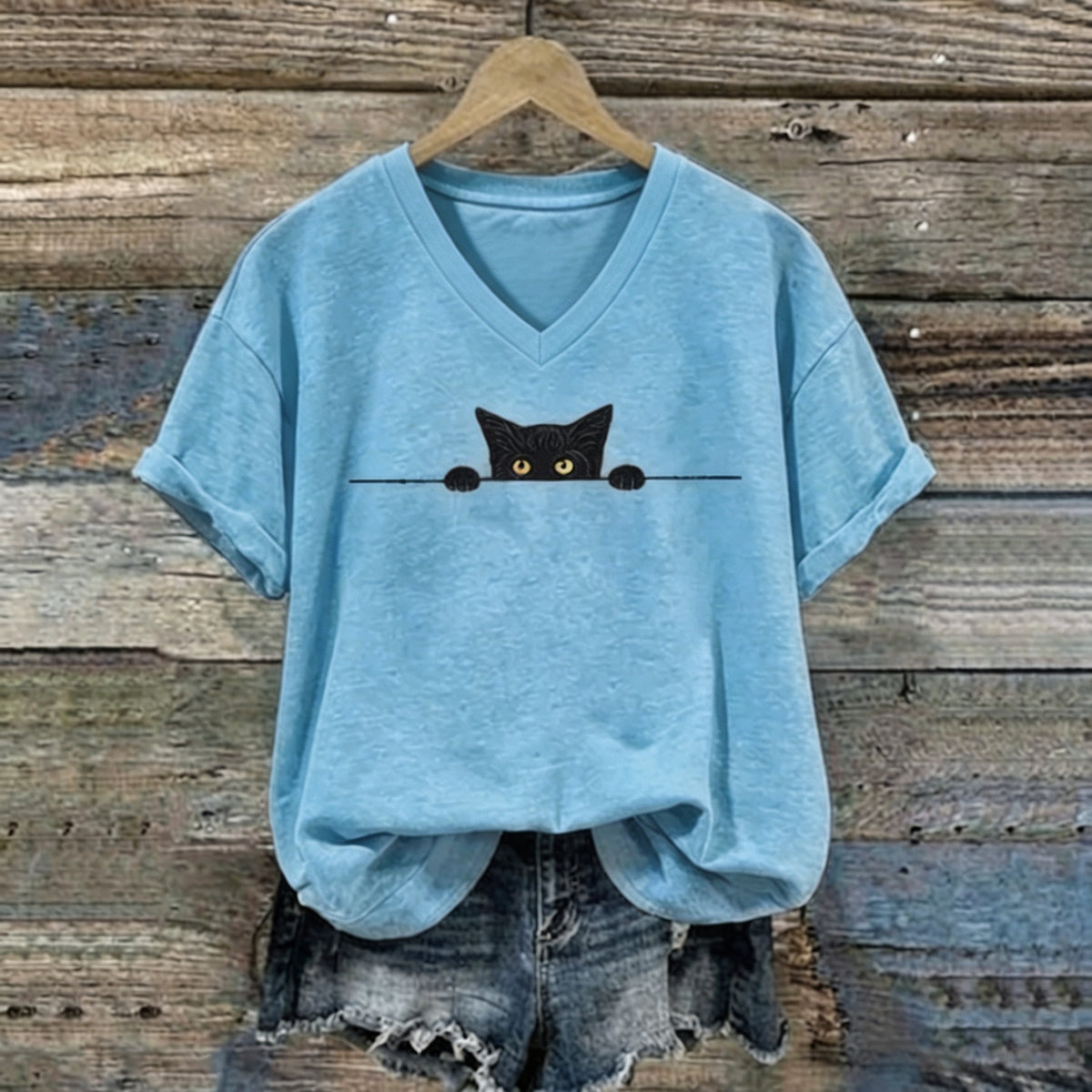 Abstract Creative Black Cat Graphic Casual V Neck T-shirt