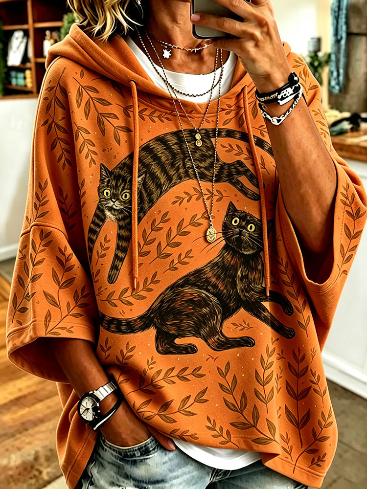 Women's Retro Cat And Leaf Print Casual Hooded Sweatshirt