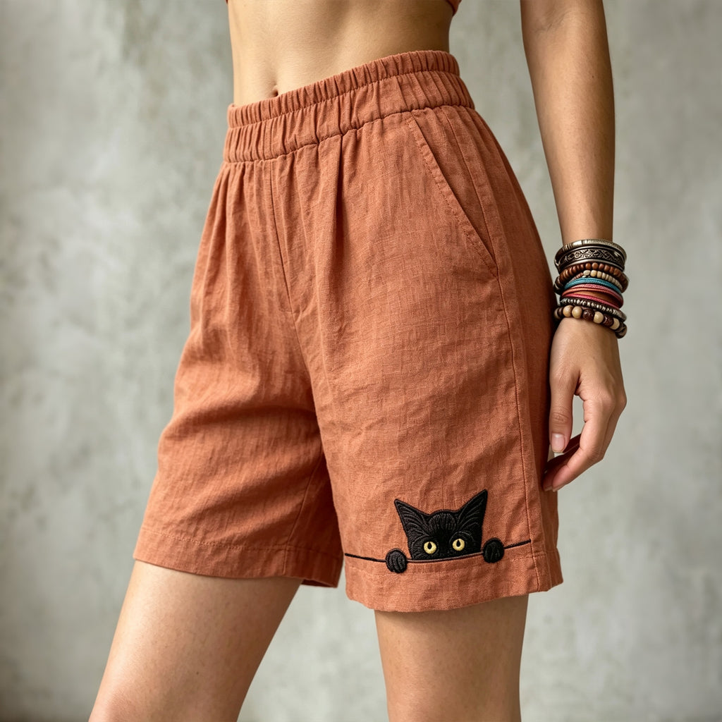 Women's Vintage Lovely Cat In Patchwork Art Linen Casual Shorts