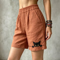 Women's Vintage Lovely Cat In Patchwork Art Linen Casual Shorts