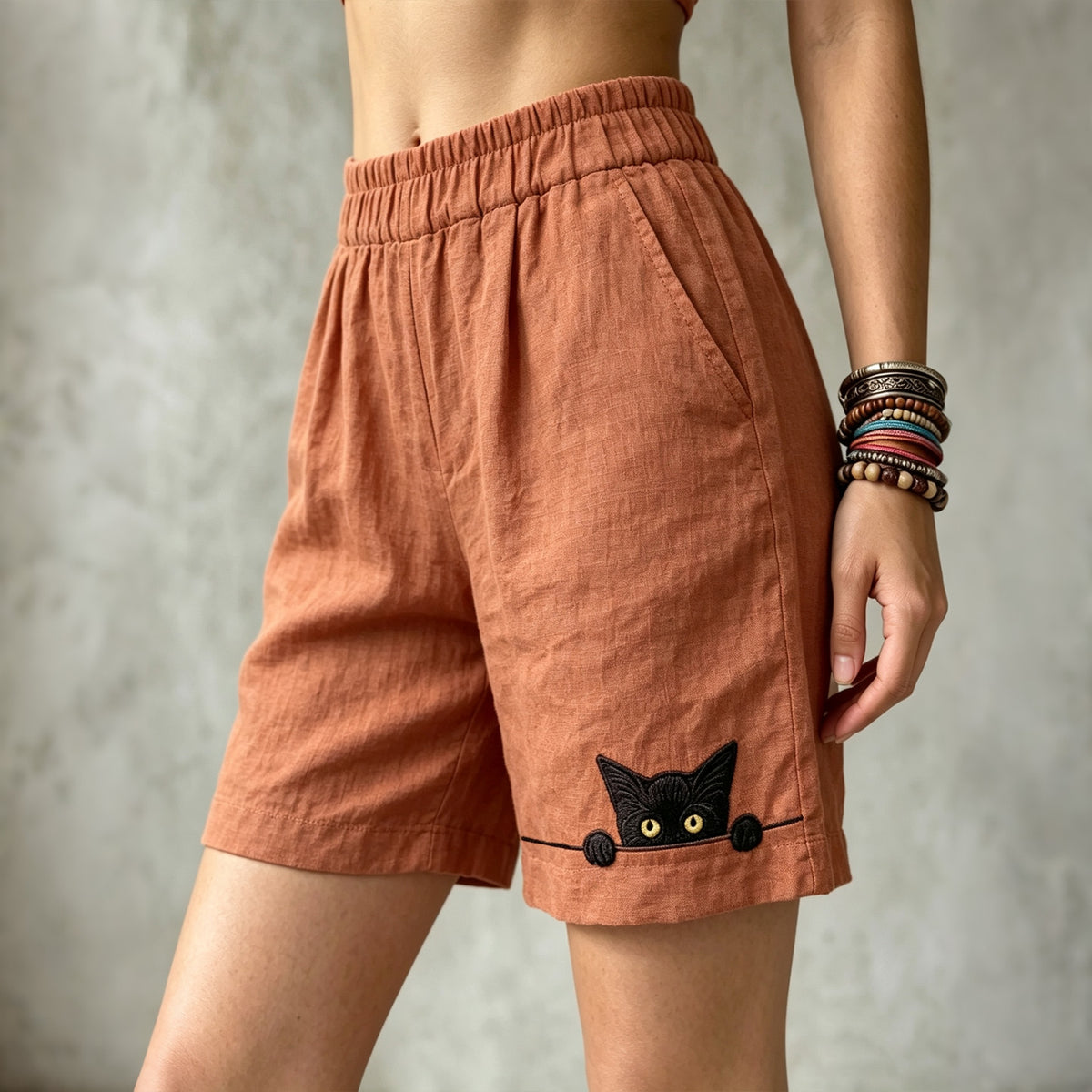 Women's Vintage Lovely Cat In Patchwork Art Linen Casual Shorts