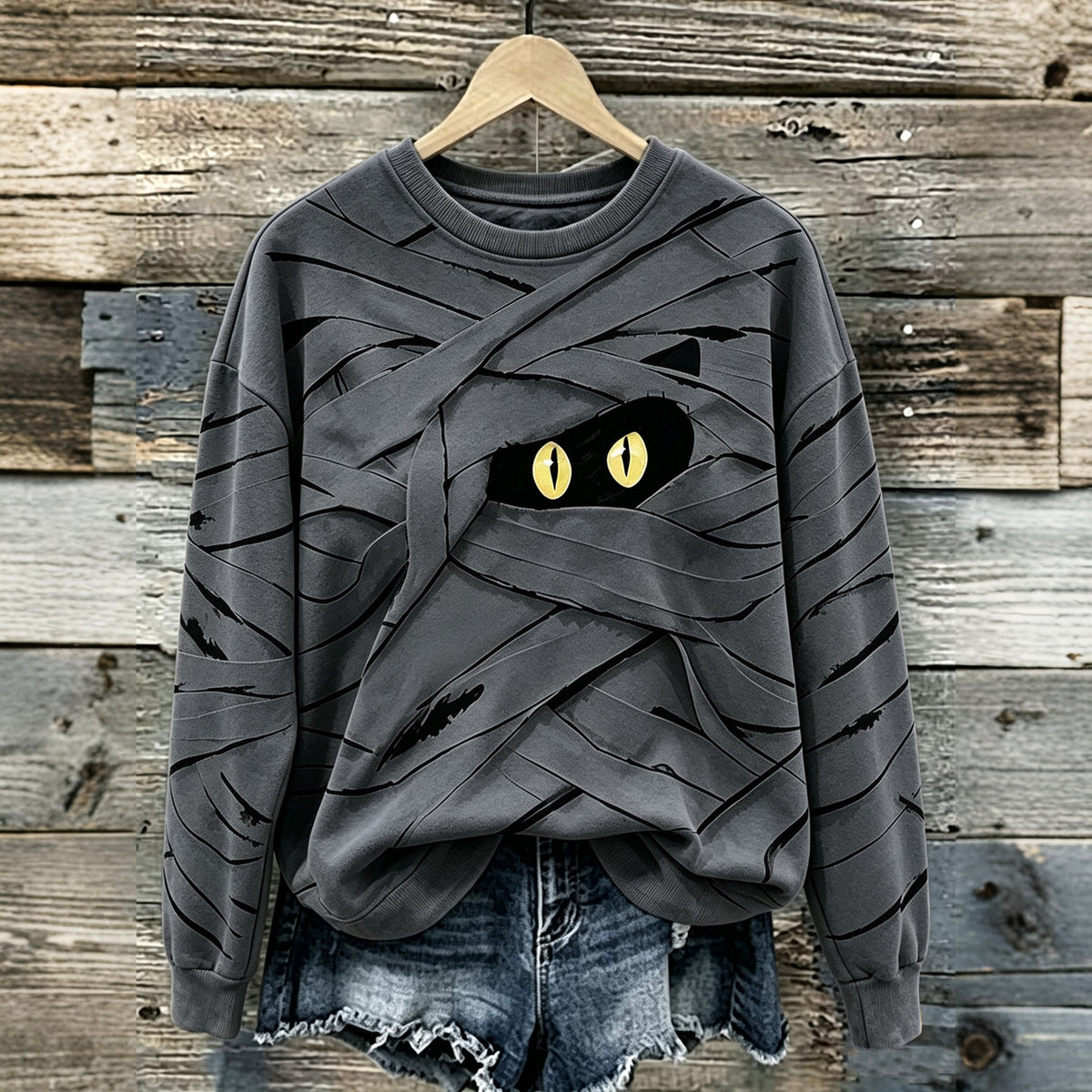 Women's Halloween Cute Mummy Black Cat Cartoon Style Print Casual Sweatshirt