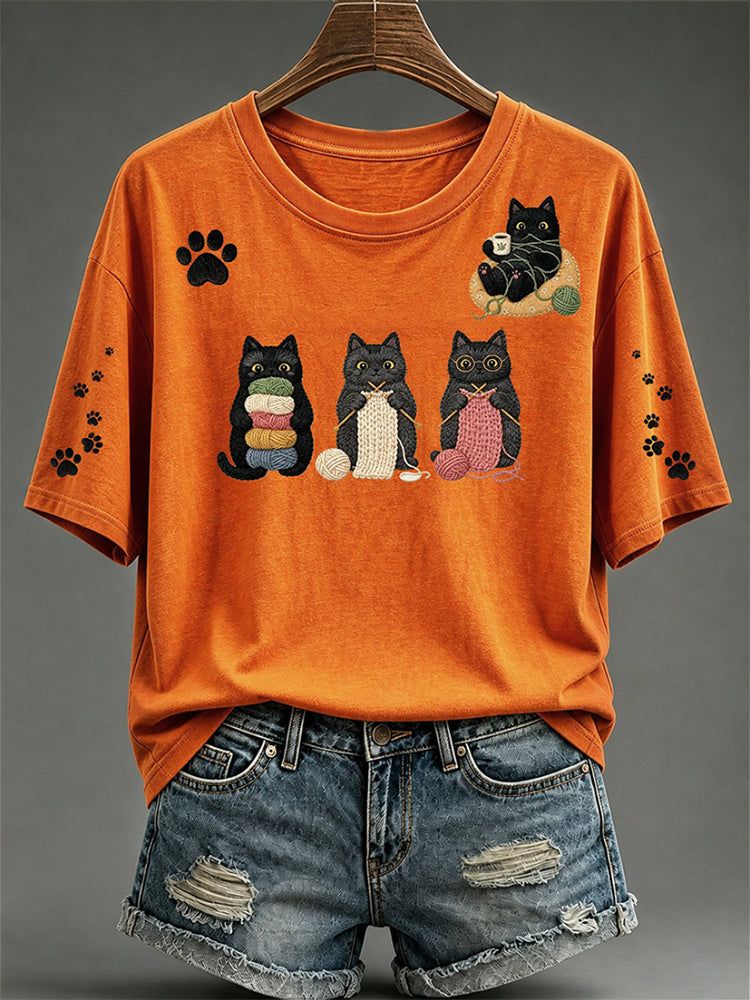 Damen T-Shirt mit Rundhalsausschnitt und süßem Katzen-Kunstdruck, Kurzarm