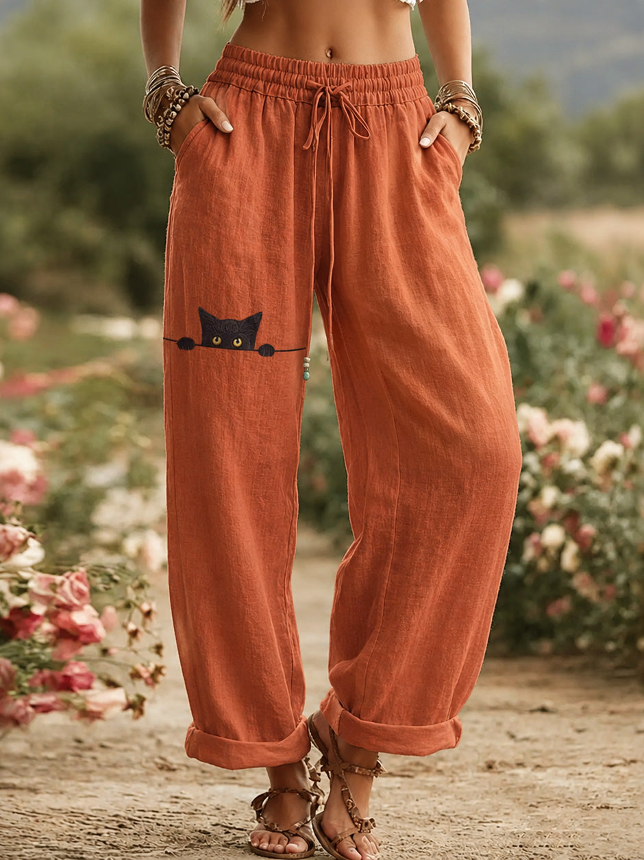 Damen Vintage Schöne Katze Kunst Baumwolle Leinen Freizeithose