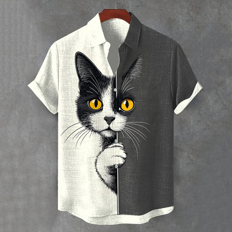Herren The Peeping Cat Colorblock Art Freizeit-Kurzarmhemden