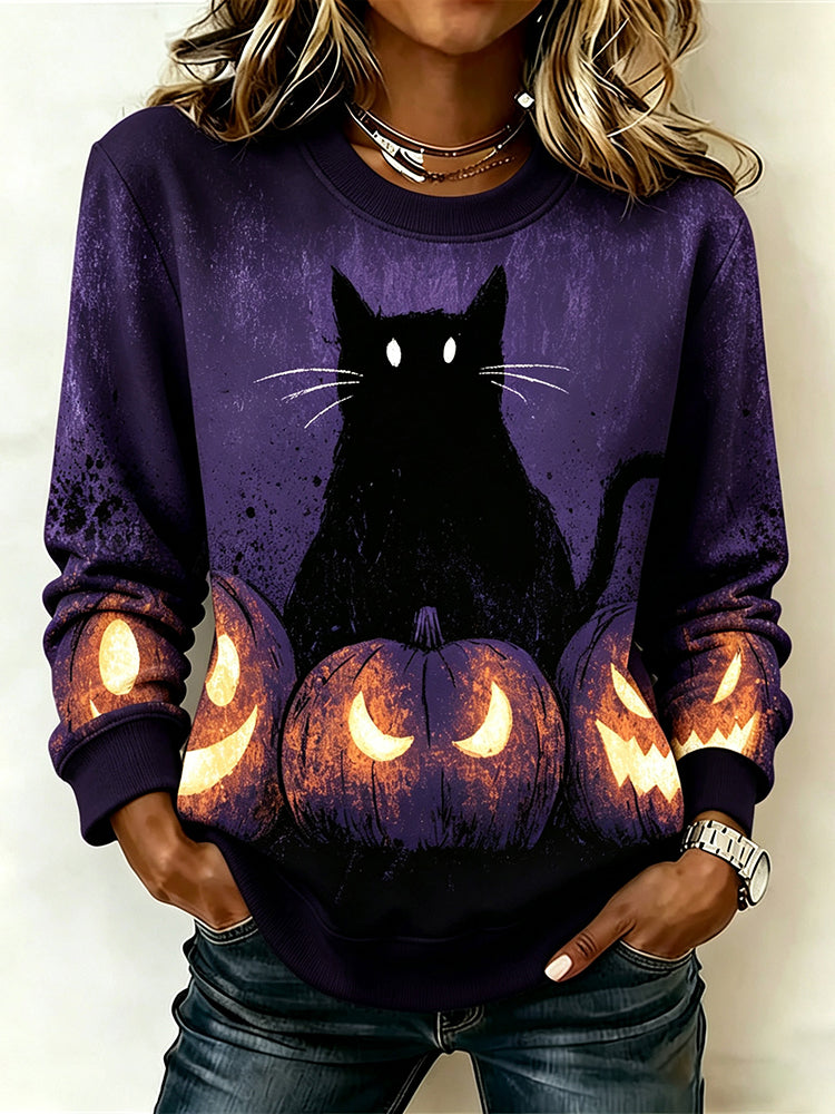Women's Halloween Pumpkin Cat Print Crew Neck Sweatshirt