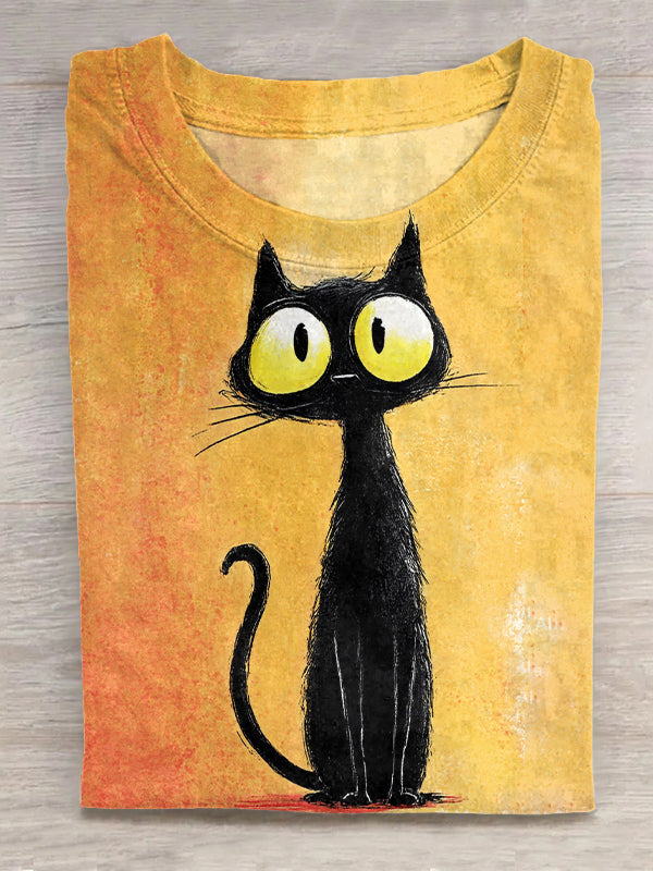 Fun Black Cat Pop Print Pattern T-shirt