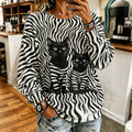 Retro Halloween Women's Black Cat Striped Print Crew Neck Sweatshirt