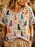 Women's Crewneck T-shirt With Colorful Cats, Flowers, And Butterflies Print