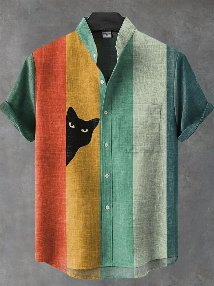 Herren Vintage Black Cat Kontraststreifen Kunst Kurzarmhemd