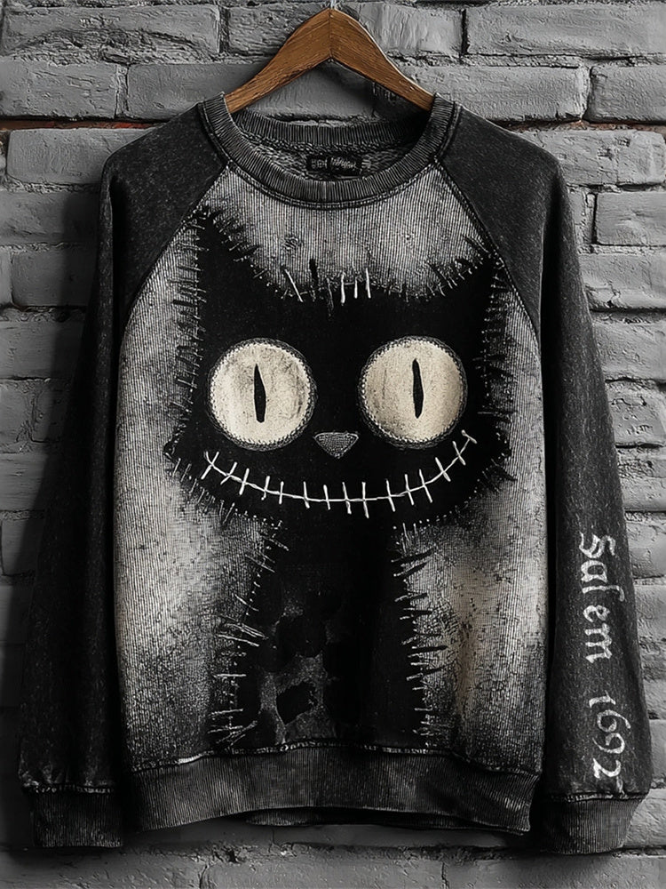 Women's Retro Halloween Black Cat Art Print Casual Sweatshirt