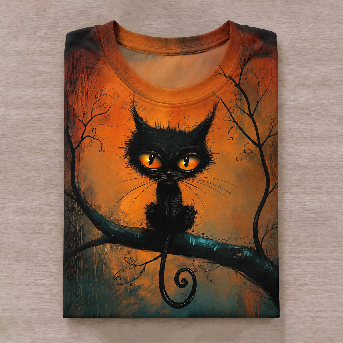 Women's Halloween Cat Art Print Casual T-shirt