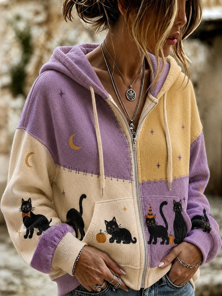 Women's Retro Halloween Pumpkin And Black Cat Color Block Hooded