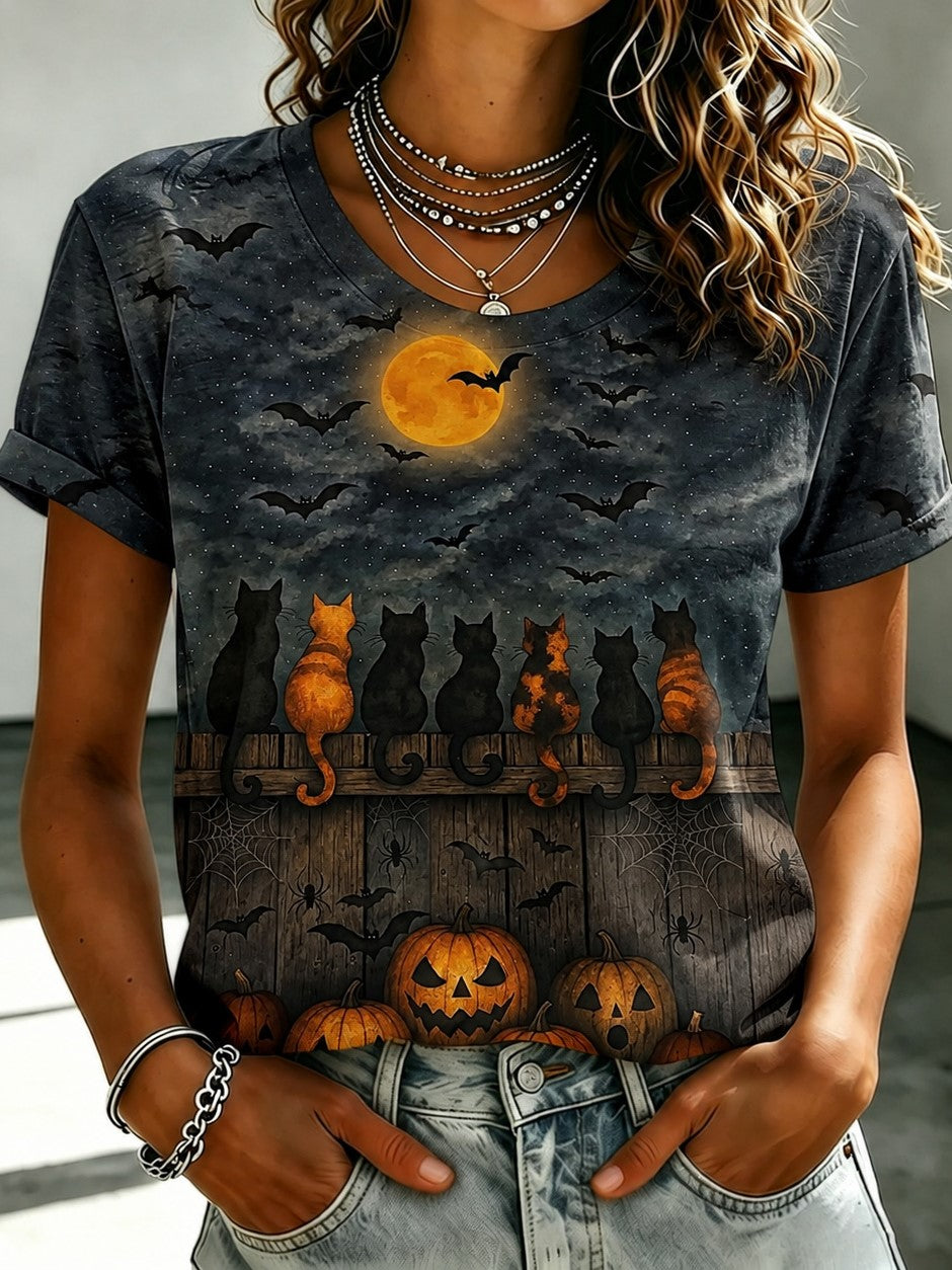 Women's Retro Halloween Pumpkin, Bat, And Cat Elements Linen T-shirt
