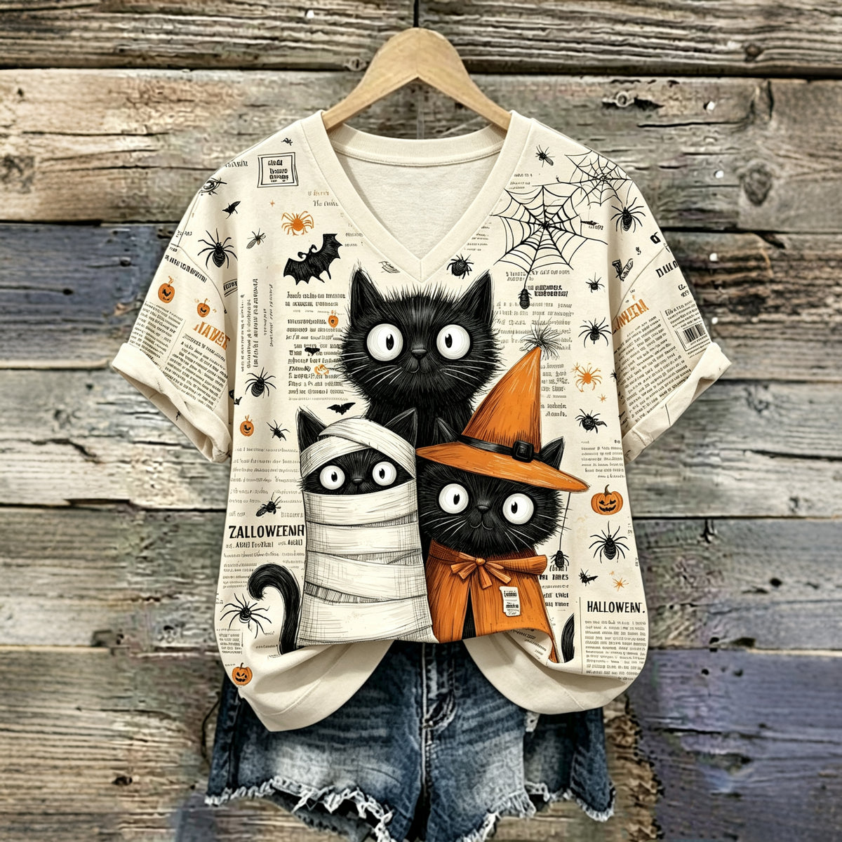 Women's Halloween Black Cat Print V-neck T-shirt