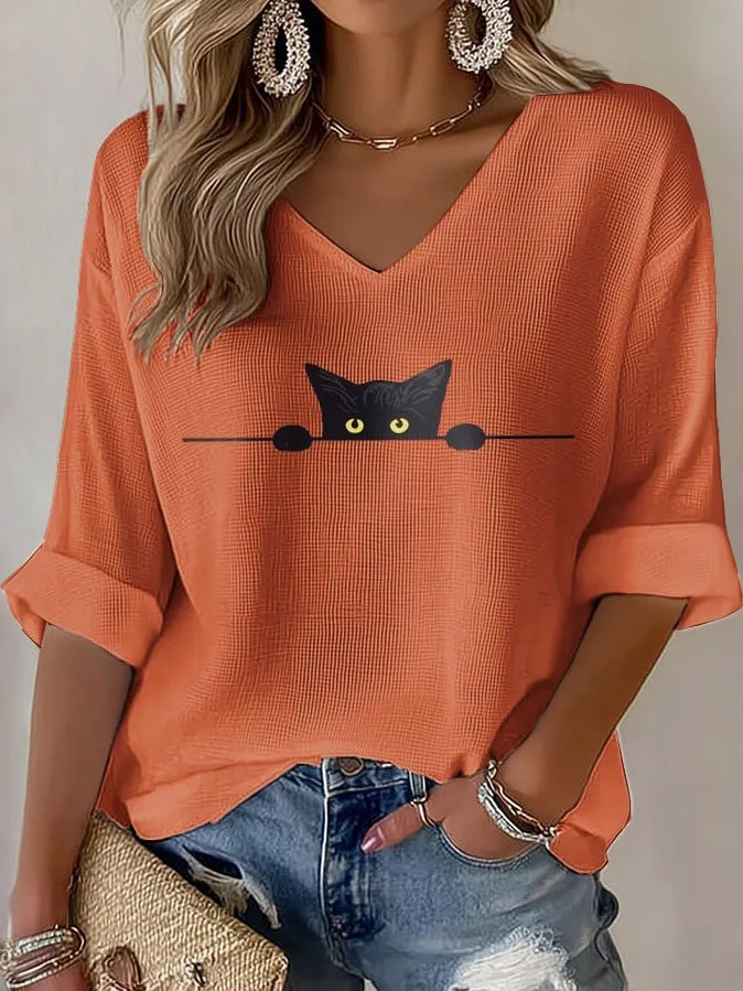 Women's Vintage Hippie Cute  Black Cat Art Print Printed Art Flowy Linen Blend Three Quarter Sleeves T-shirt