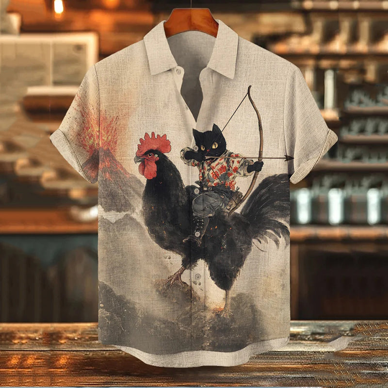 Herren Retro Kurzarmhemd mit Schwarz-Katze, Bogenschütze und Huhn-Aufdruck