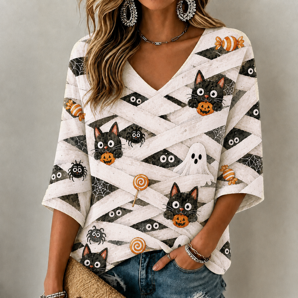 Women's Halloween Scary Pumpkin Face Cat Art Print Mid-length Sleeves V-neck T-shirt