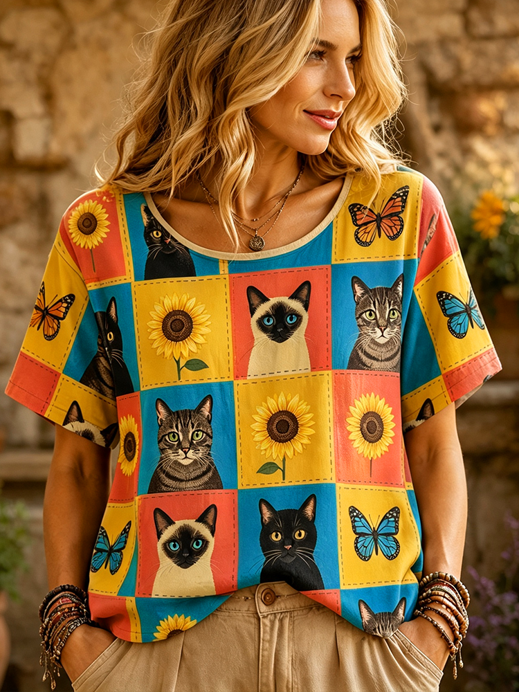 Women's Colorblock Short-sleeve T-shirt With Cat, Sunflower, And Butterfly Print
