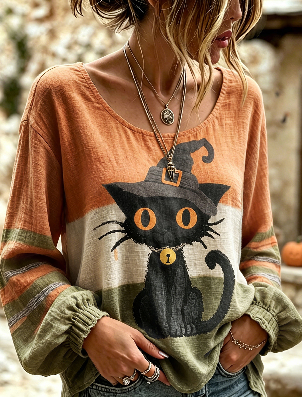 Women's Vintage Halloween Wizard Cat Art Printed Linen Blend Round Neck Long Sleeve Tops