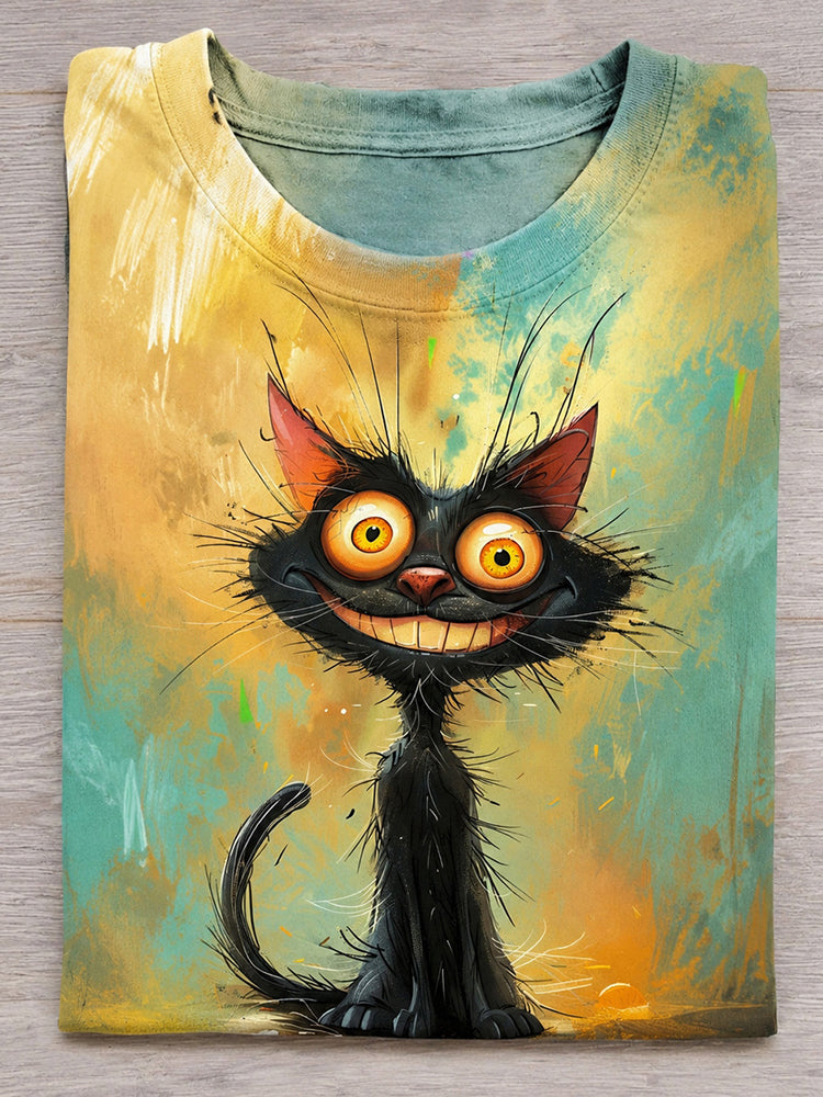 Fun Delirious Frizzy Black Cat Print Pattern T-shirt
