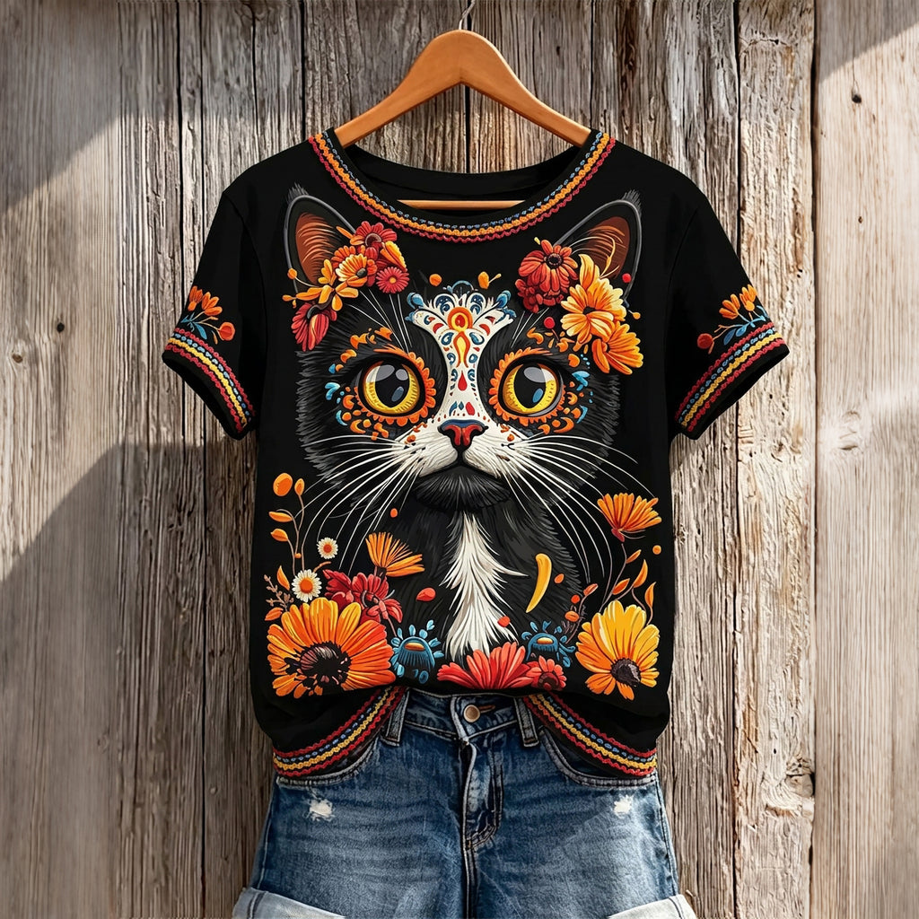 Women's Retro Vacation Floral Cat Skull Design Linen Crew Neck Short Sleeve T-shirt