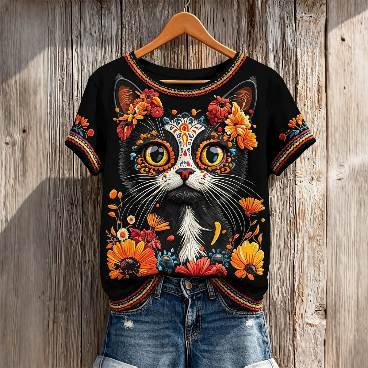 Women's Retro Vacation Floral Cat Skull Design Linen Crew Neck Short Sleeve T-shirt