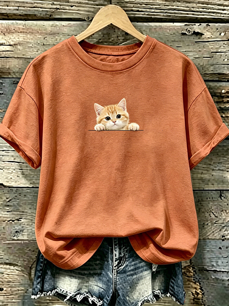 Damen T-Shirt mit süßem Katzenmuster, lässig