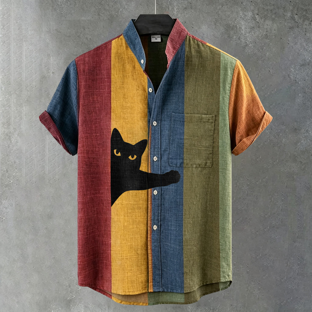 Herren Vintage kontrastreiches Streifen-Kunst-Freizeithemd mit intarsierter schwarzer Katze