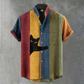 Herren Vintage kontrastreiches Streifen-Kunst-Freizeithemd mit intarsierter schwarzer Katze