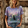 Damen Retro Schwarze Katze Lavendel Blumenmuster Rundhals Kurzarm-T-Shirt