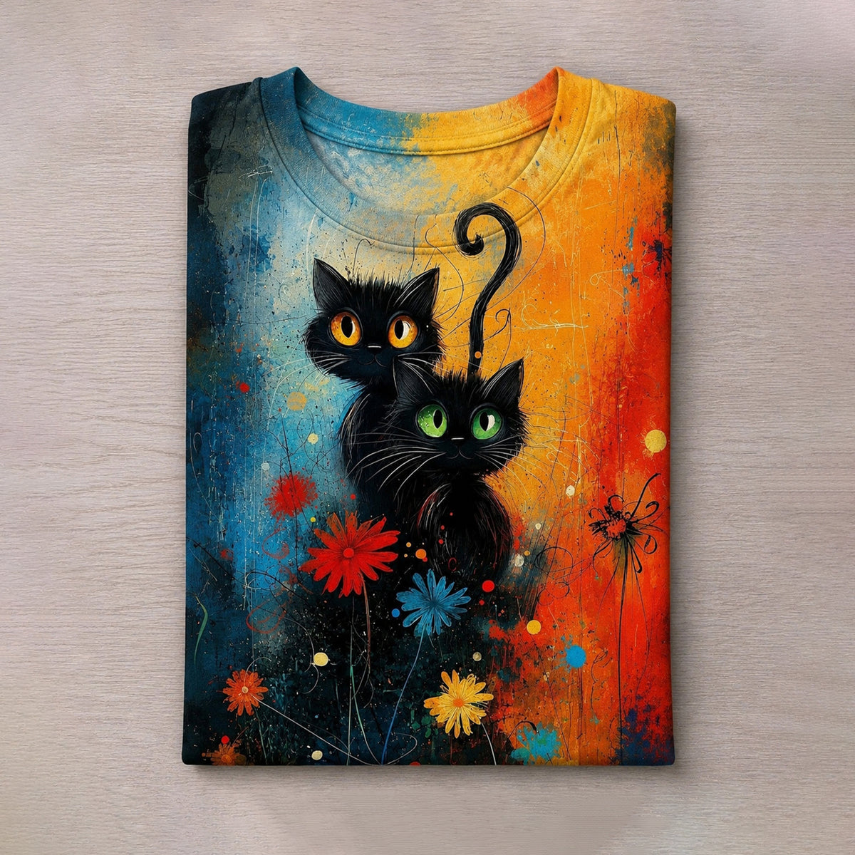 Cute Black Cat Among Flowers Contrasting Print T-shirt