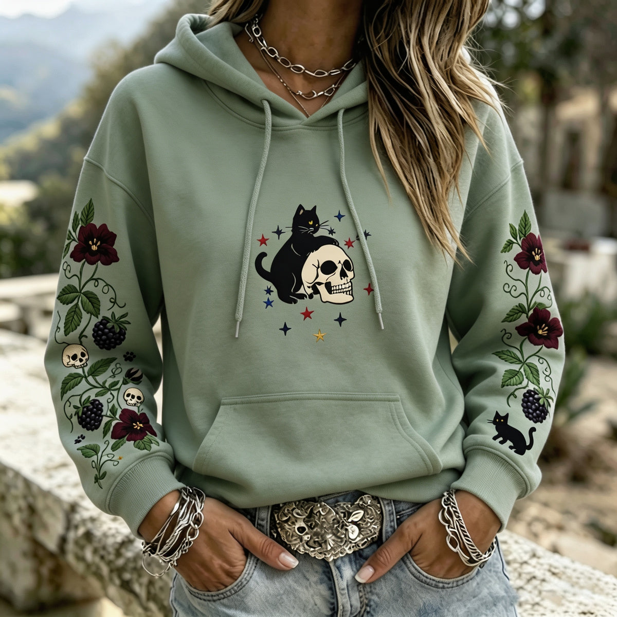 Women's Witchy Patriotic Black Cat Skull Floral Graphic Print Hoodie