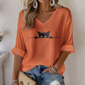 Women's Vintage Hippie Cute  Black Cat Art Print Printed Art Flowy Linen Blend Three Quarter Sleeves T-shirt
