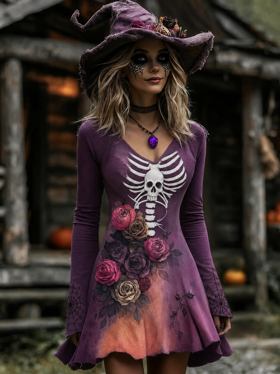 Women's Halloween Rose Skeleton  Cosplay Midi Dress