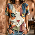 Damen Vintage Hippie Katze Kunstdruck V-Ausschnitt Leinenmischung Kurzarm-Oberteile