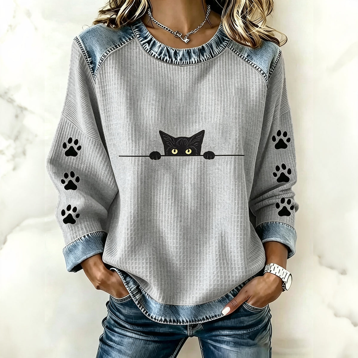 Abstract Creative Lovely Black Cat Paw Graphic Print Sweatshirt