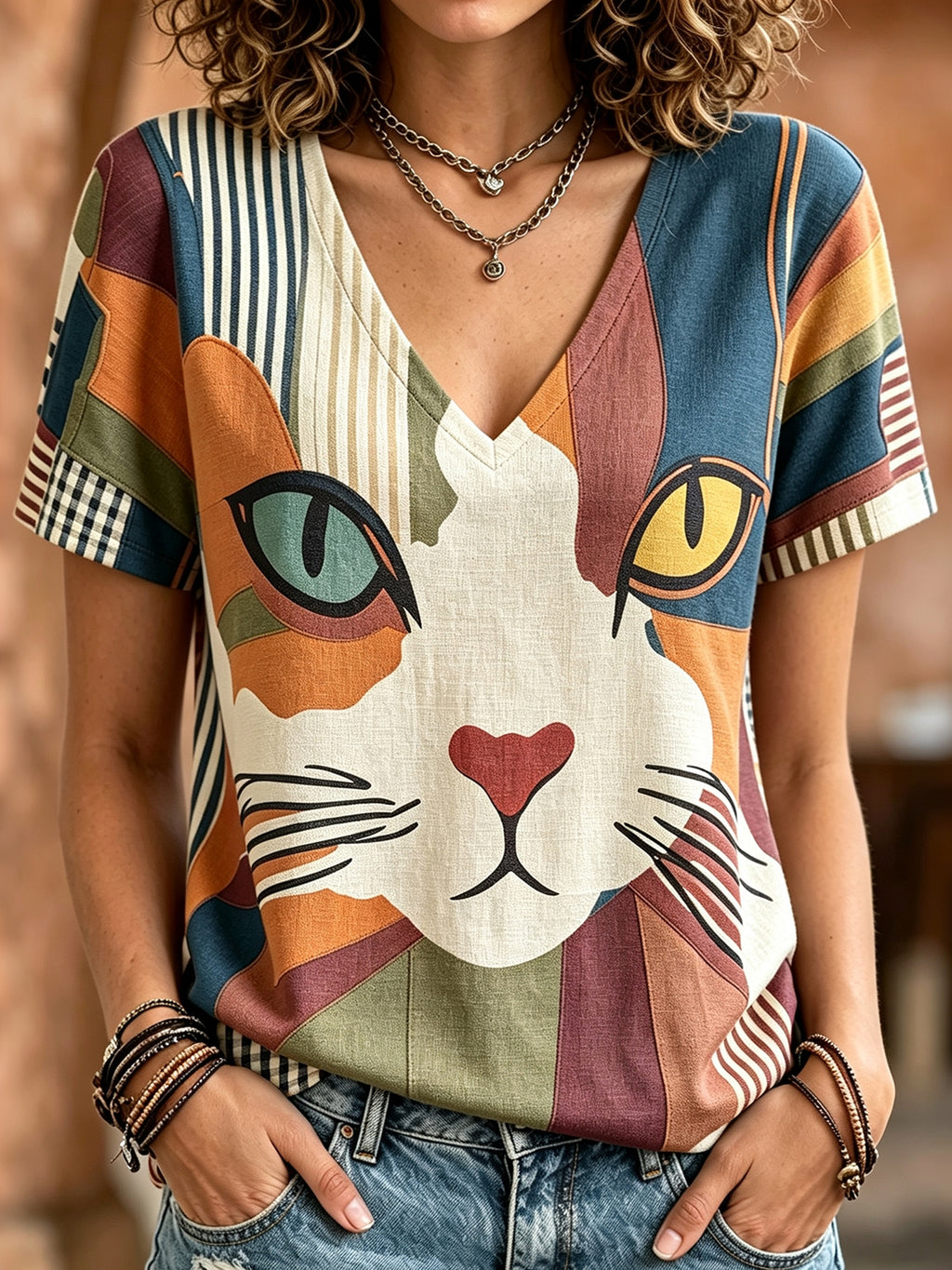 Damen Vintage Hippie Katze Kunstdruck V-Ausschnitt Leinenmischung Kurzarm-Oberteile