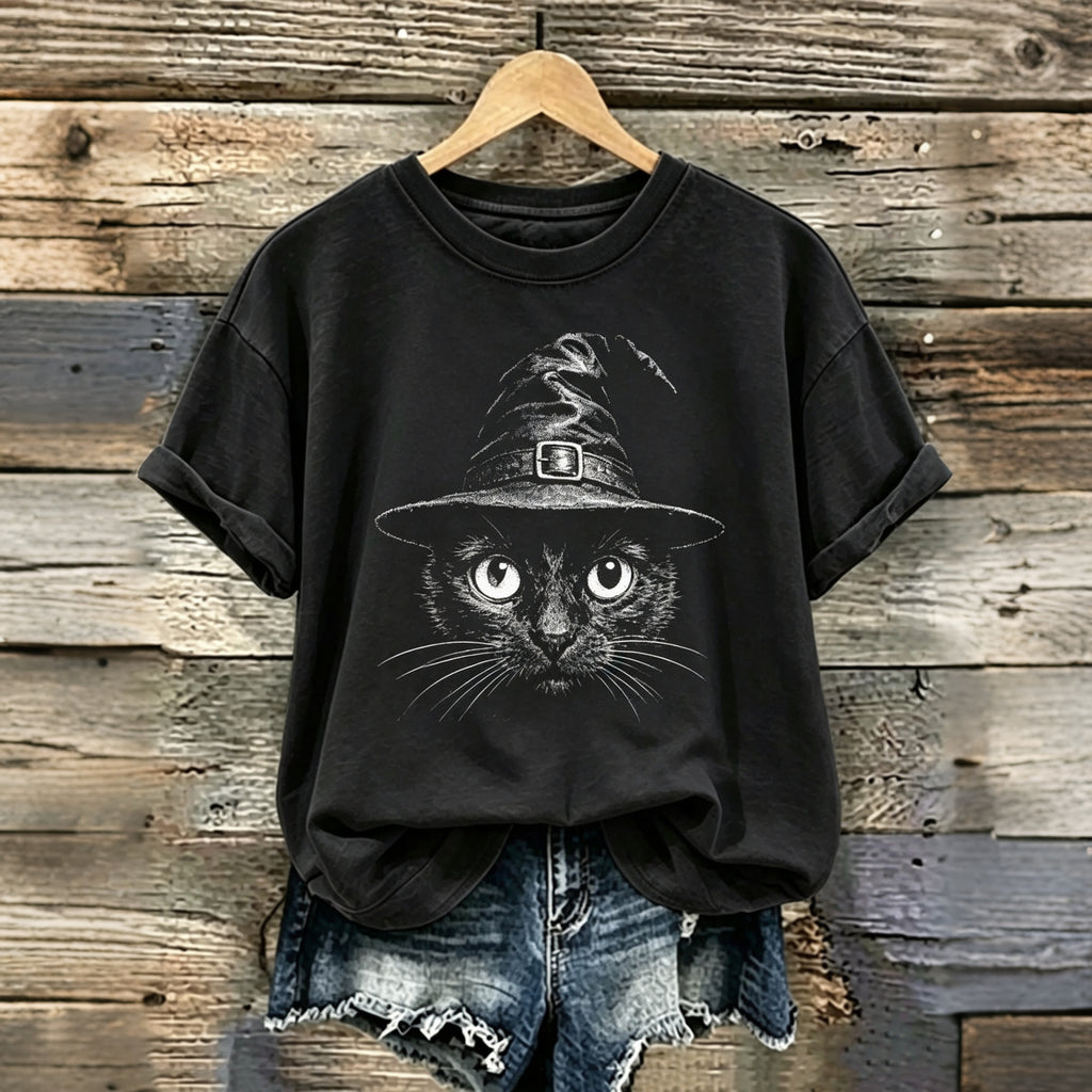 Women's Retro Halloween Witch Hat Black Cat Print T-shirt
