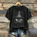 Women's Retro Halloween Witch Hat Black Cat Print T-shirt
