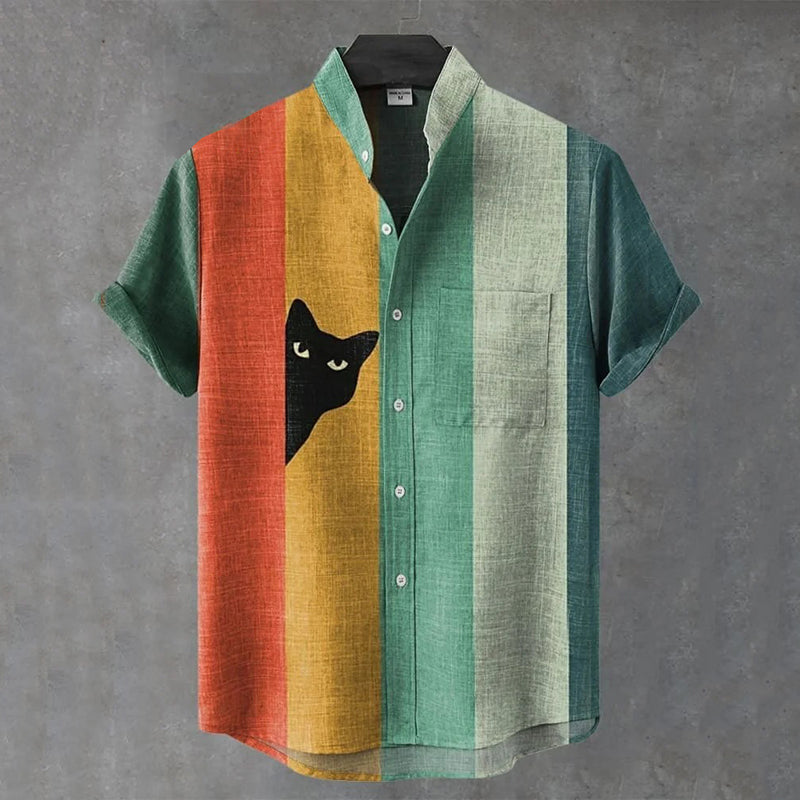 Herren Vintage Black Cat Kontraststreifen Kunst Kurzarmhemd