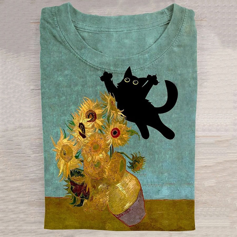 Naughty Oil Painting Cat Contrast Color Pattern T-shirt