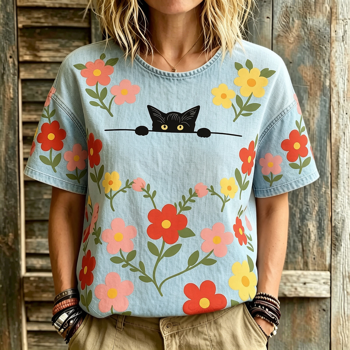Women's Hippie Cute Cat  With Floral Art Print Linen Blend Round Neck Tshirt
