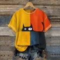 Damen T-Shirt mit Katzenkunst-Print, Rundhalsausschnitt, Kurzarm