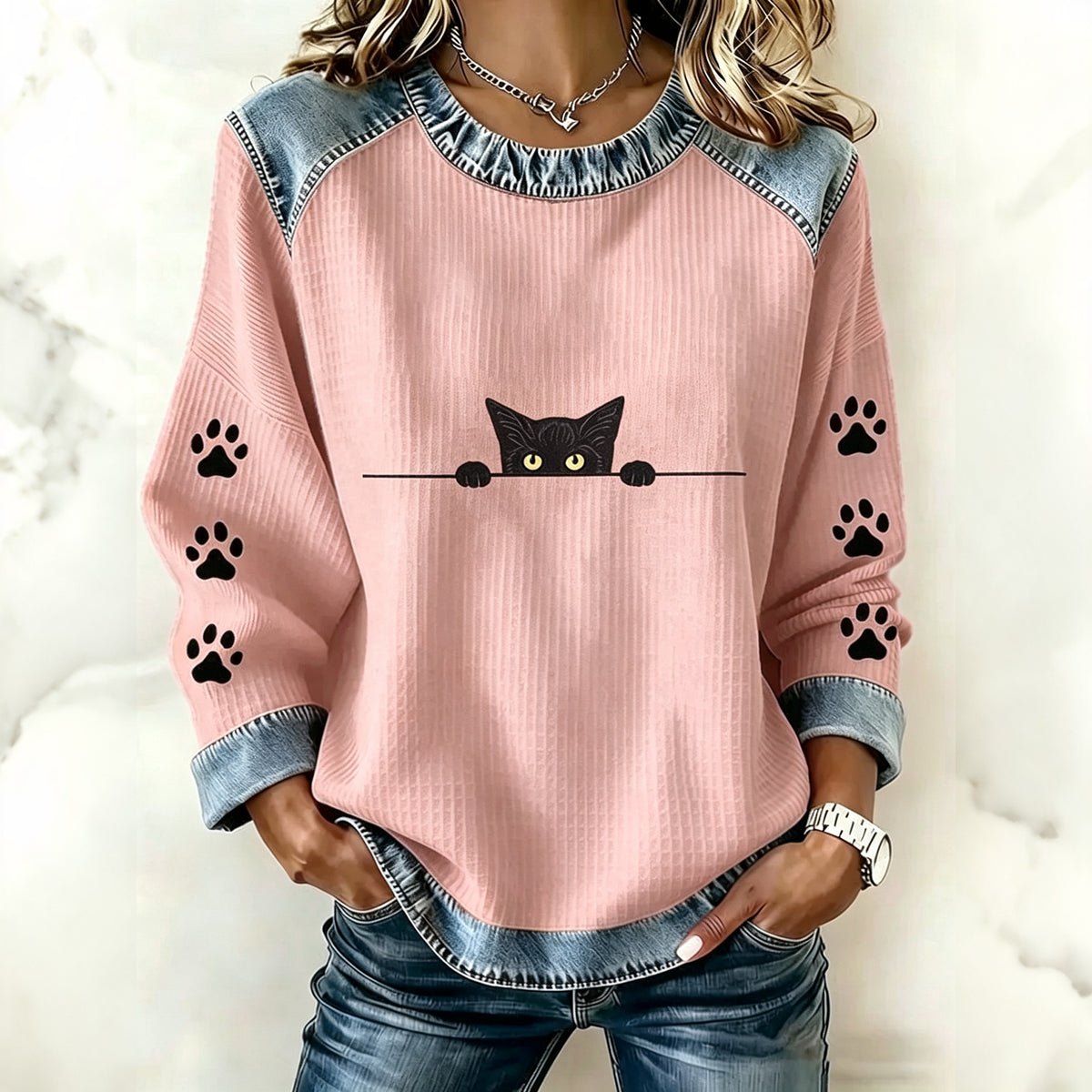 Abstract Creative Lovely Black Cat Paw Graphic Print Sweatshirt