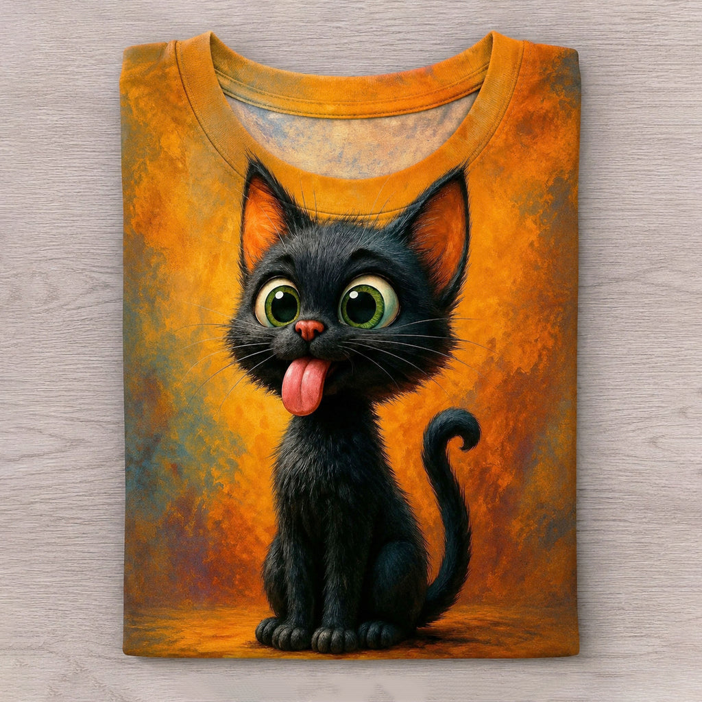 Cute Black Cat Sticking Out Tongue Pattern Print T-shirt