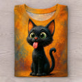 Cute Black Cat Sticking Out Tongue Pattern Print T-shirt