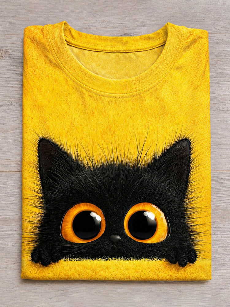 Cute Wide-eyed Black Cat Print T-shirt