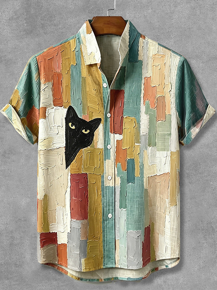 Herren Vintage Peeking Black Cat Kontrast Ölgemälde Kunst Freizeithemden
