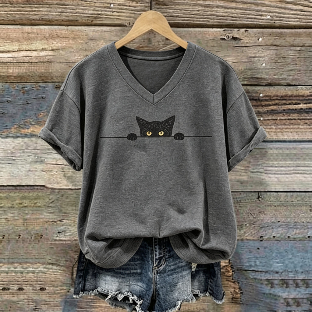 Abstract Creative Black Cat Graphic Casual V Neck T-shirt